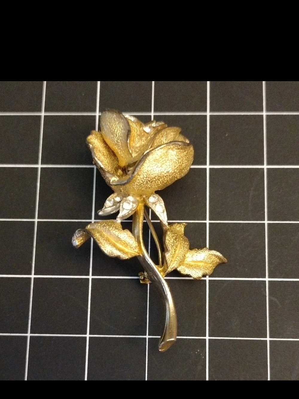 Vintage Gold Tone Rose Brooch Clear Rhinestones Signed BSK New York Flower Pin